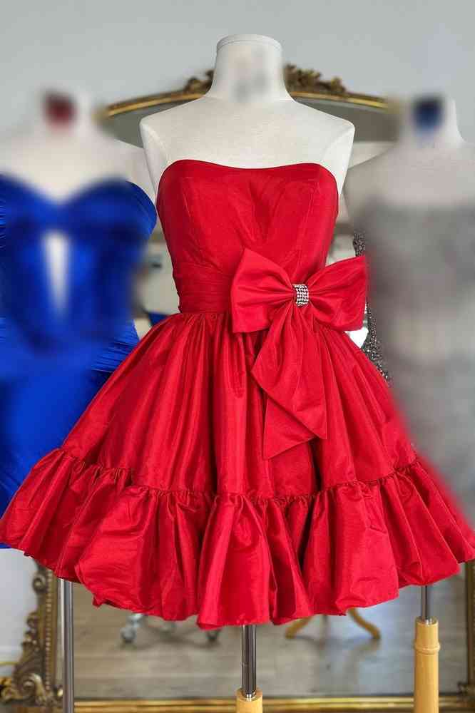 Red Strapless A-Line Homecoming Dress with Side Bow