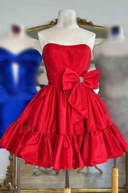Red Strapless A-Line Homecoming Dress with Side Bow