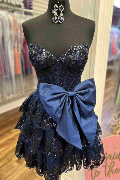 Strapless Red Sequin Ruffle Homecoming Dress with Bow