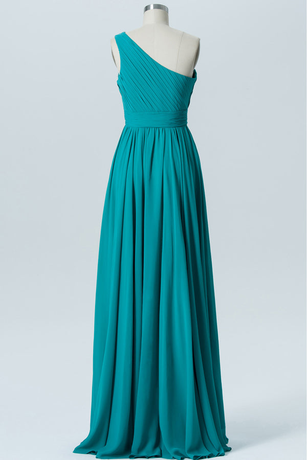 Turquoise Chiffon One-Shoulder Ruffled Bridesmaid Dress