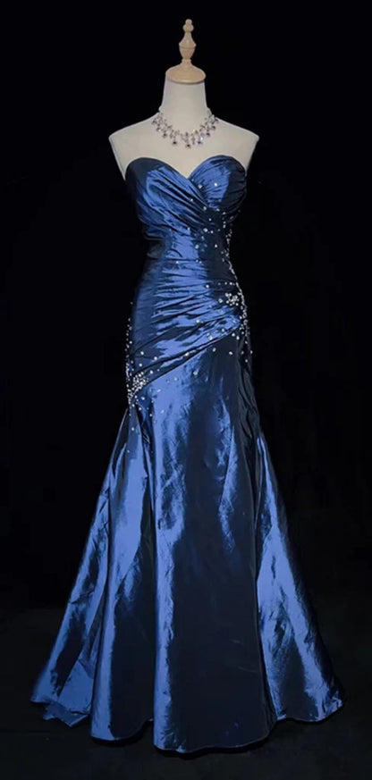Sexy Sweetheart Blue Mermaid Satin Beaded Long Prom Dress Party Gown cc1550