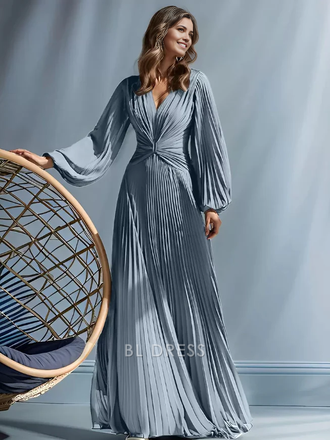 A-Line V-Neck Long Sleeves Pleated Floor-Length Guest Dresses For Wedding Mother of the Bride Dresse