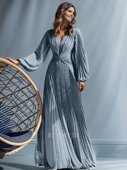 A-Line V-Neck Long Sleeves Pleated Floor-Length Guest Dresses For Wedding Mother of the Bride Dresse