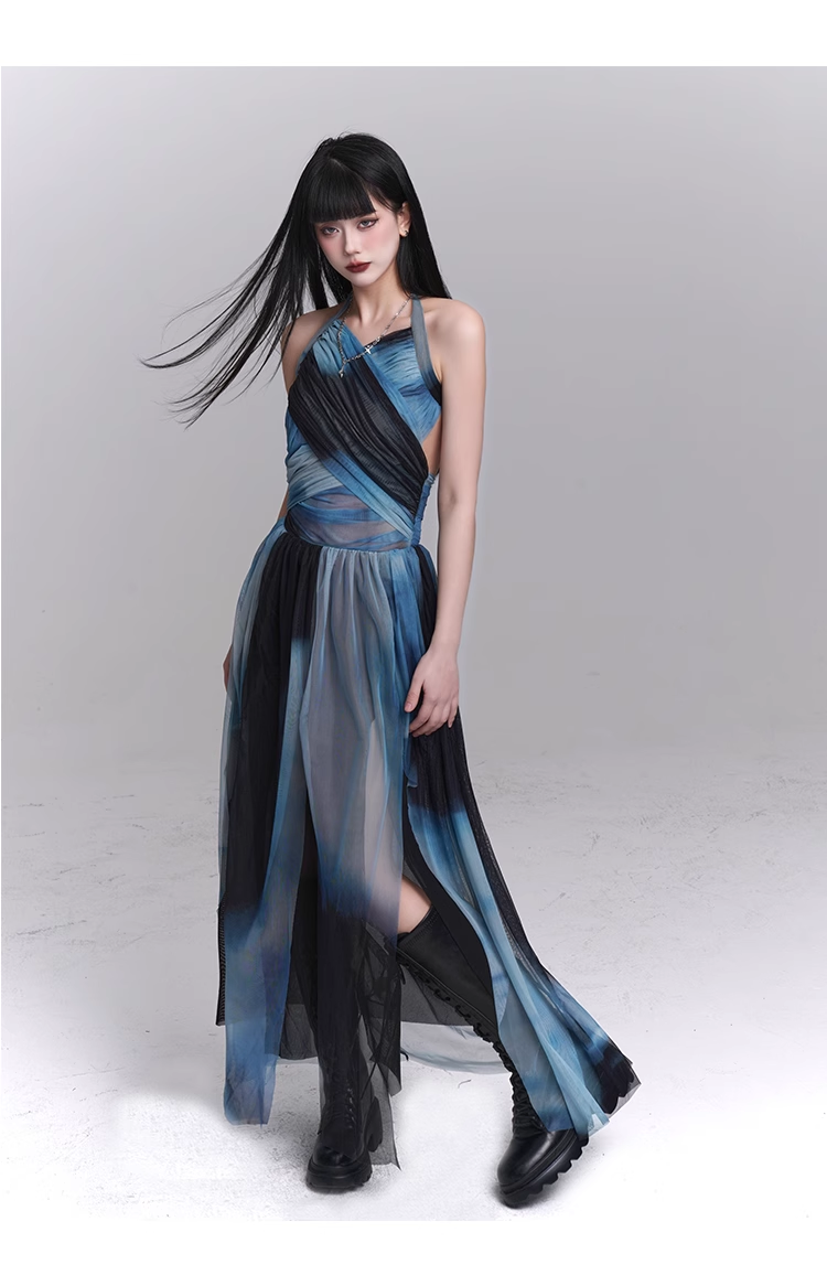 New Fashion Party Blue Chiffon Halter Dress HZ1024