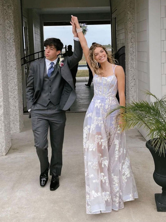 Light purple tulle lace long prom dress purple evening dress