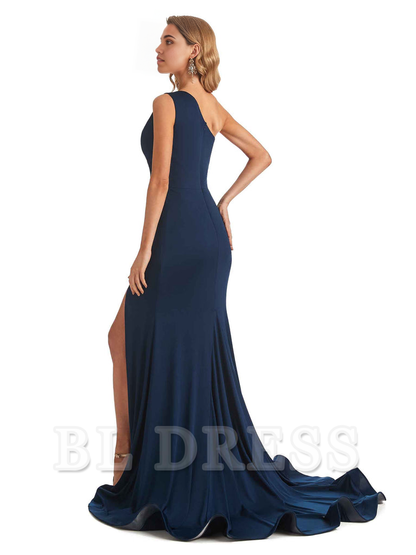 Mermaid One shoulder formal dresses evening gown Bridesmaid Dresses With Side Slit
