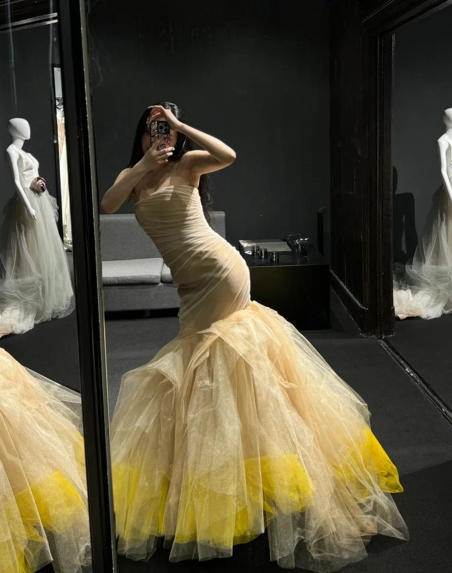 Charming Prom Dress Strapless Pleated Tulle Mermaid Gala Dress Formal Dress Evening Dress HZ0319