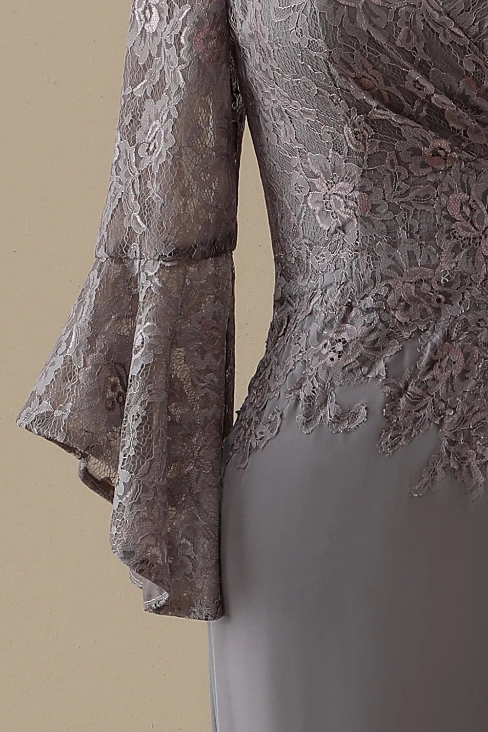 V-neck lace grey long sleeved bridal mother dress