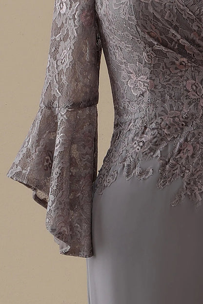 V-neck lace grey long sleeved bridal mother dress