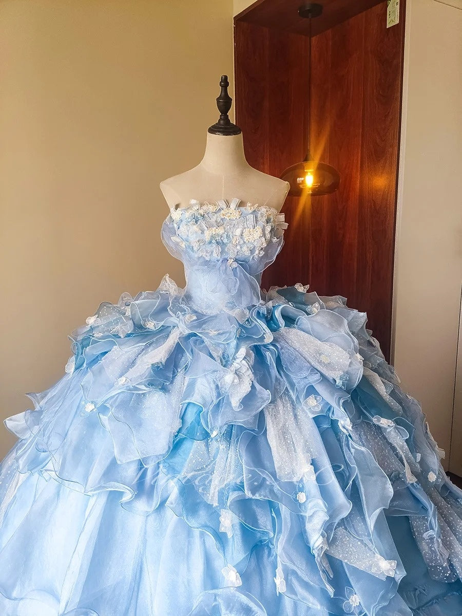 Stunning Prom Dress Light Blue Strapless Tiered Ruffle Evening Dress Quinceanera Dress Ball Gown HZ0319