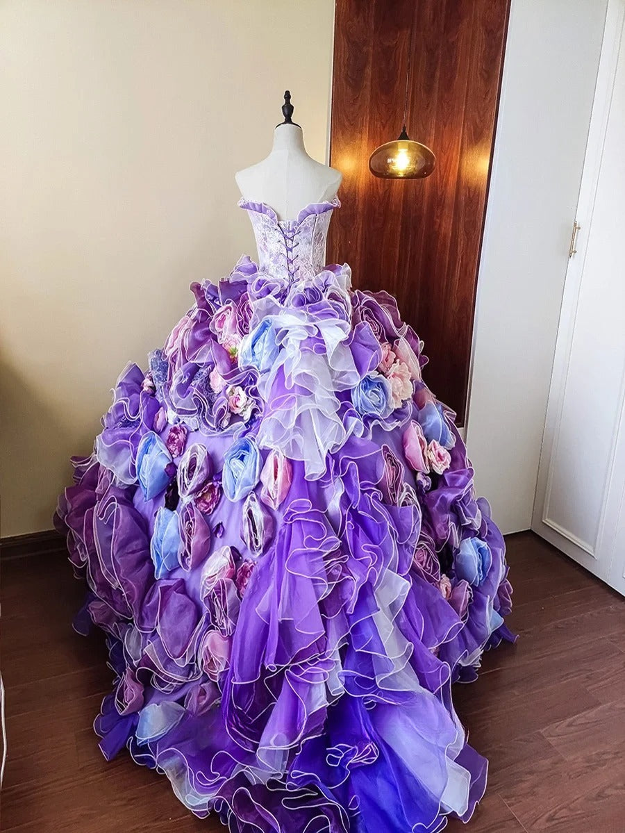 New Arrival Prom Dress Strapless Floral Ruffle Evening Dress Quinceanera Dress Ball Gown HZ0319