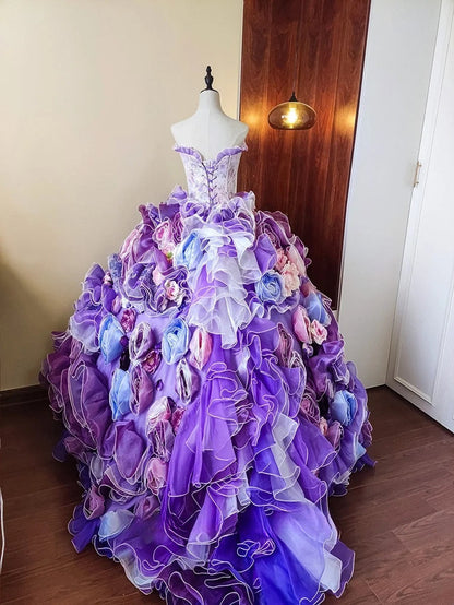 New Arrival Prom Dress Strapless Floral Ruffle Evening Dress Quinceanera Dress Ball Gown HZ0319