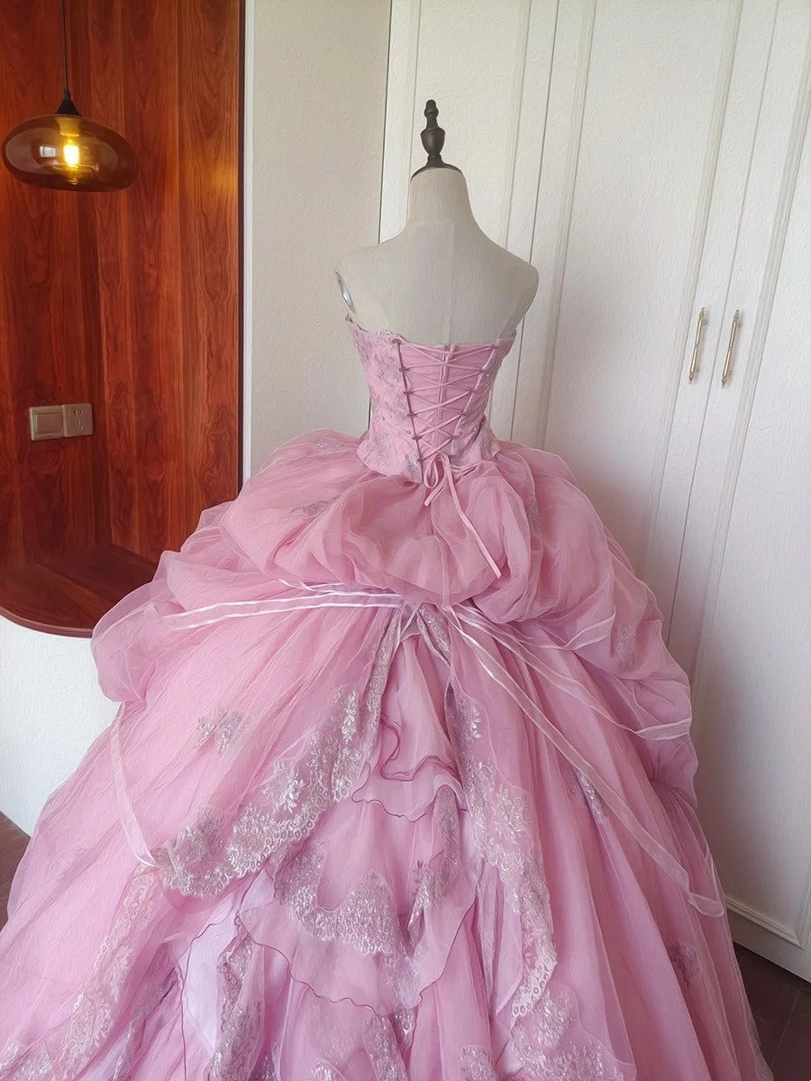 Charming Prom Dress Light Pink Strapless Pleated Tulle Evening Dress Quinceanera Dress Ball Gown HZ0319