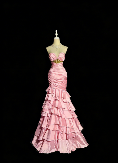 Charming Prom Dress Light Pink Sweetheart Pleated Tiered Mermaid Gala Dress Evening Dresses Birthday Party Dress HZ0319