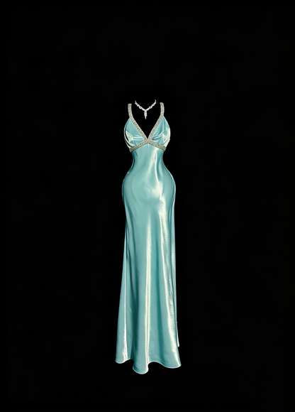 Elegant Prom Dress Satin Light Blue Spaghetti Straps Formal Dress Evening Dresses Wedding Guest Dress HZ0319