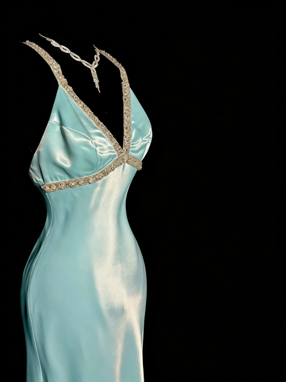 Elegant Prom Dress Satin Light Blue Spaghetti Straps Formal Dress Evening Dresses Wedding Guest Dress HZ0319