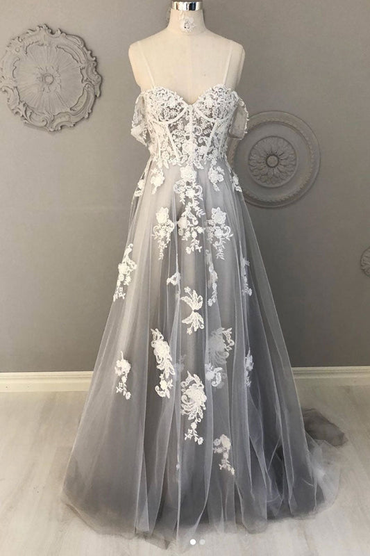 Gray tulle lace long prom dress gray tulle lace formal dress