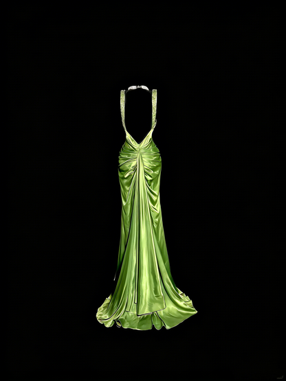Elegant Prom Dress Lime Green Satin V-neck Pleated Mermaid Formal Dress Evening Dresses Birthday Party Dress HZ0319