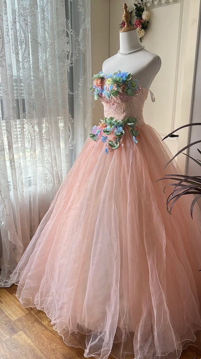New Arrival Prom Dress Strapless Pleated Floral Tulle Evening Dress Quinceanera Dress Ball Gown HZ0319
