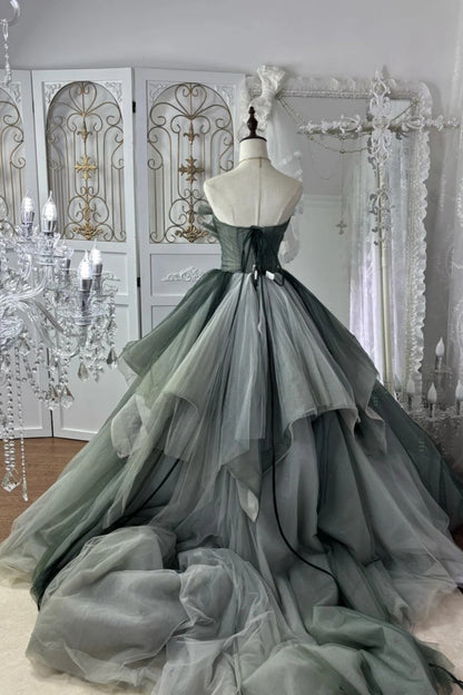 Forest Green Gradient Ball Gown Beaded Strapless & Oversized Tulle  gh7064