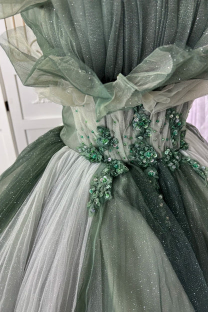 Forest Green Gradient Ball Gown Beaded Strapless & Oversized Tulle  gh7064