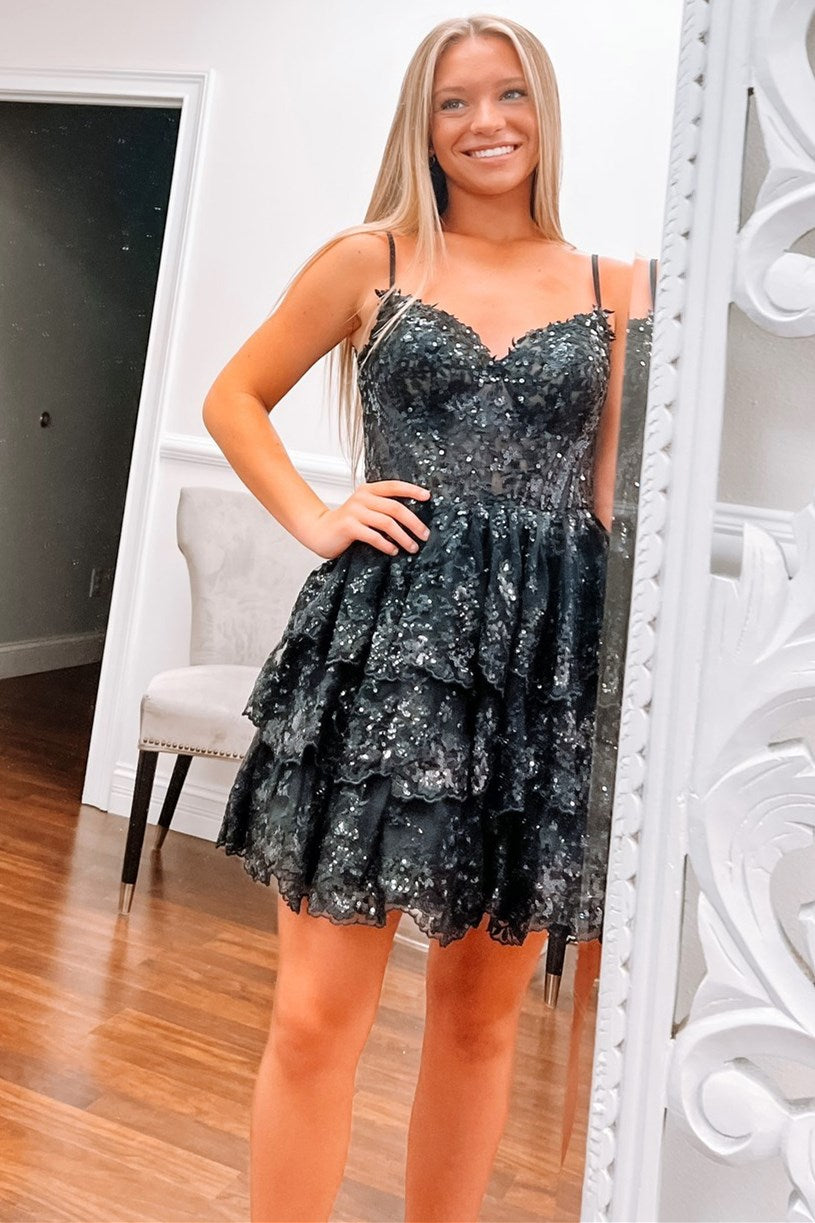 Light Blue Sequin Lace Corset Bodice Tiered Homecoming Dress