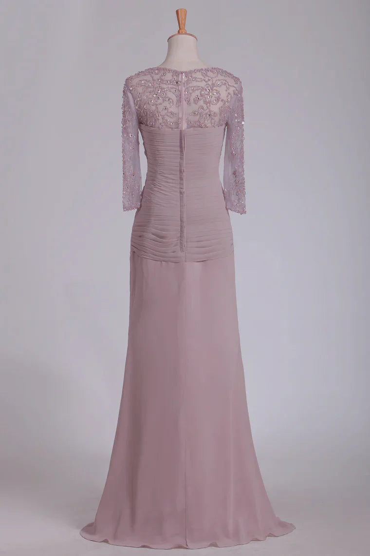 Beaded Ruched 3/4 Length Sleeves Sheath Chiffon Mother Of The Bride Dresses