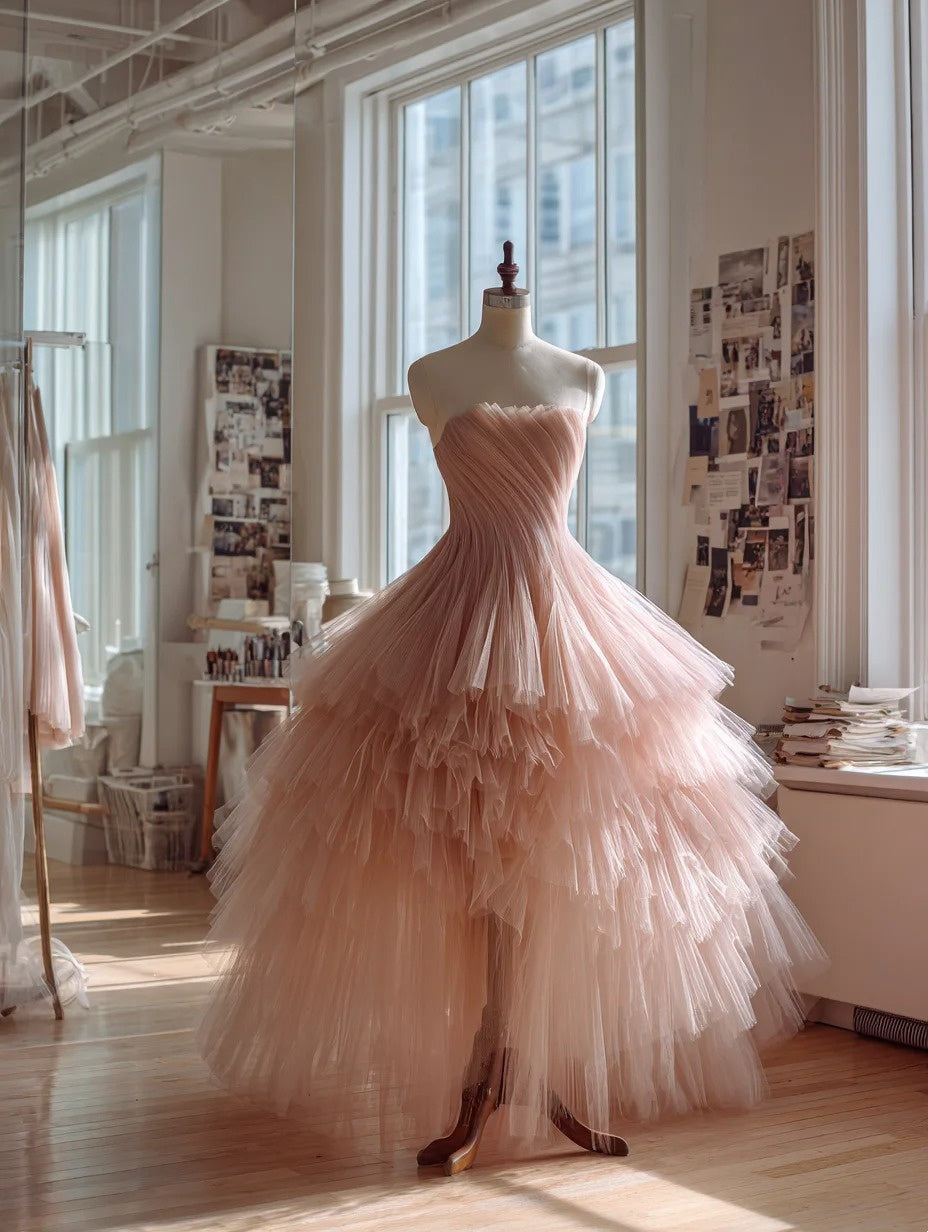 Cute Ball Gown Light Pink Strapless Pleated Tulle Tiered Prom Dresses Evening Gown Sweet 16 Dress HZ0319