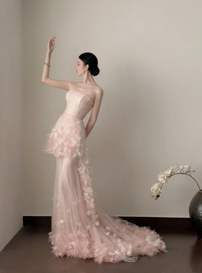 Chic Prom Dress Strapless Pleated Floral Tulle Formal Dresses Gala Gown Evening Dress HZ0319