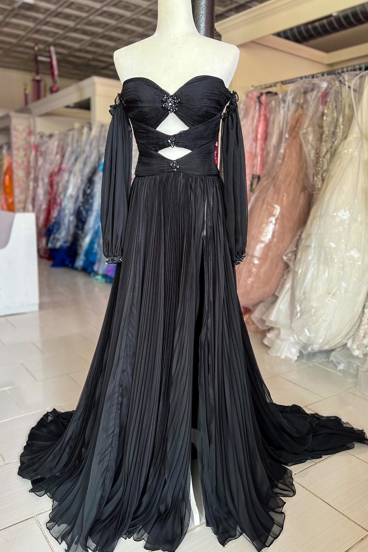 Off-Shoulder Beaded Strapless Cutout Long Prom Dress with Balloon Sleeves
