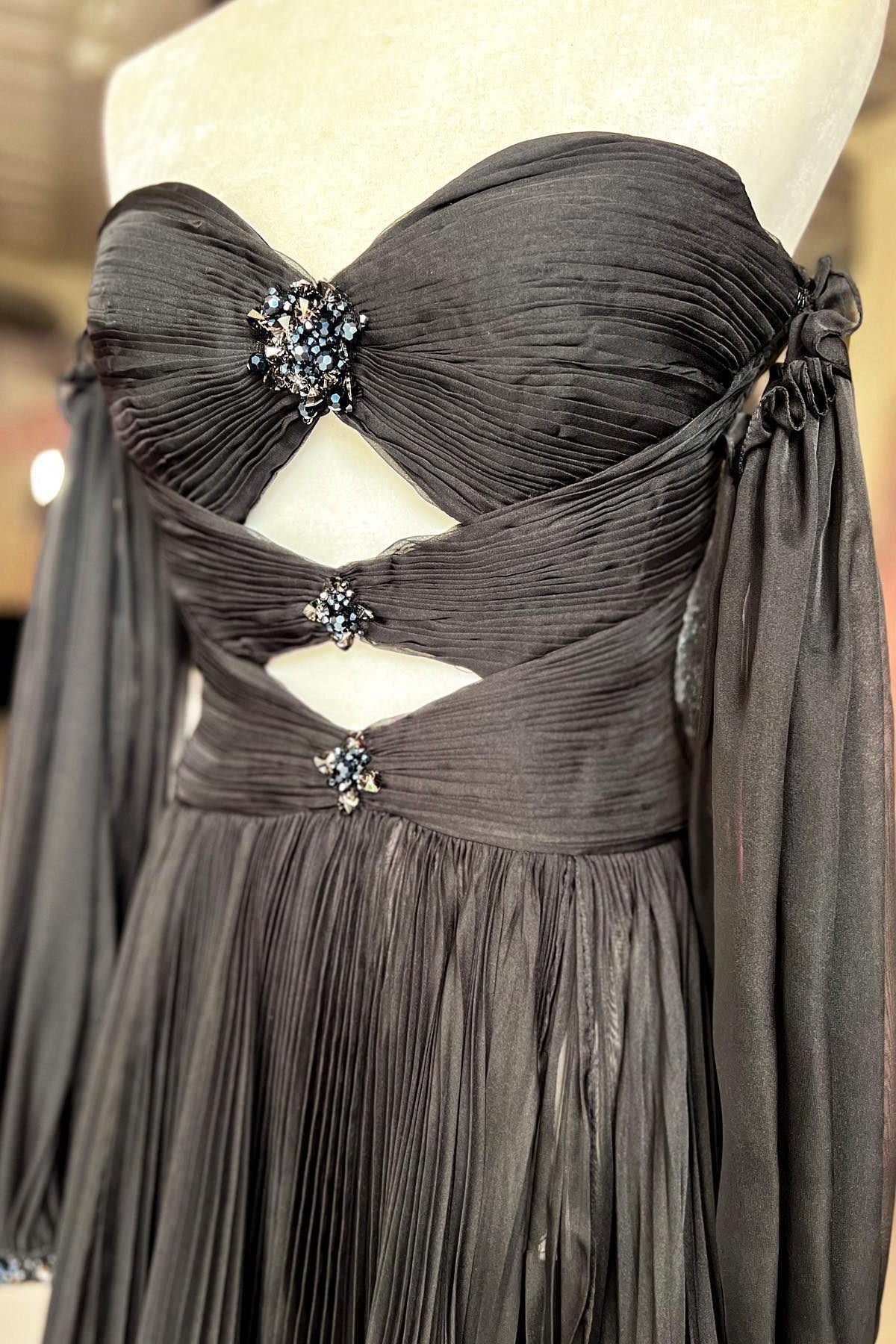 Off-Shoulder Beaded Strapless Cutout Long Prom Dress with Balloon Sleeves