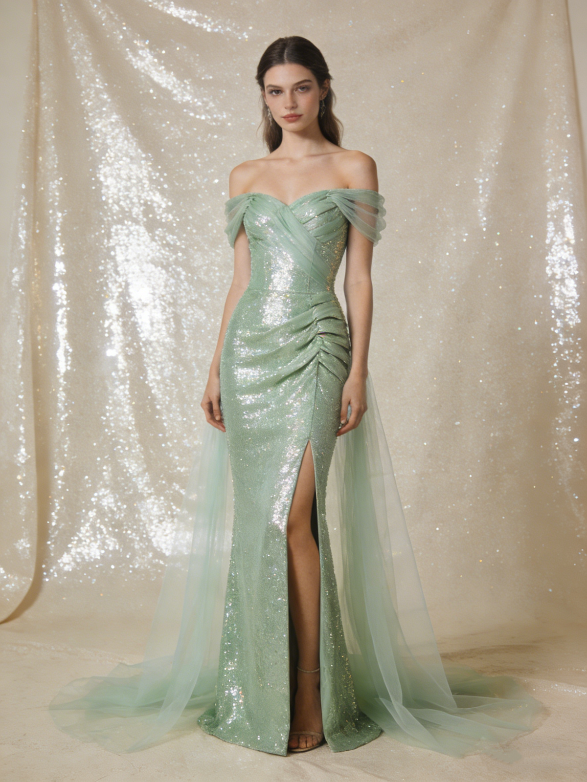 Light Green Prom Dress Off Shoulder Pleated Tulle Mermaid Birthday Party Outfits Gala Dress Evening Gown HZ0319