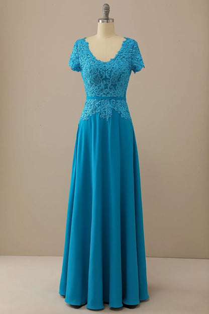 V-neck peacock blue bridal mother dress