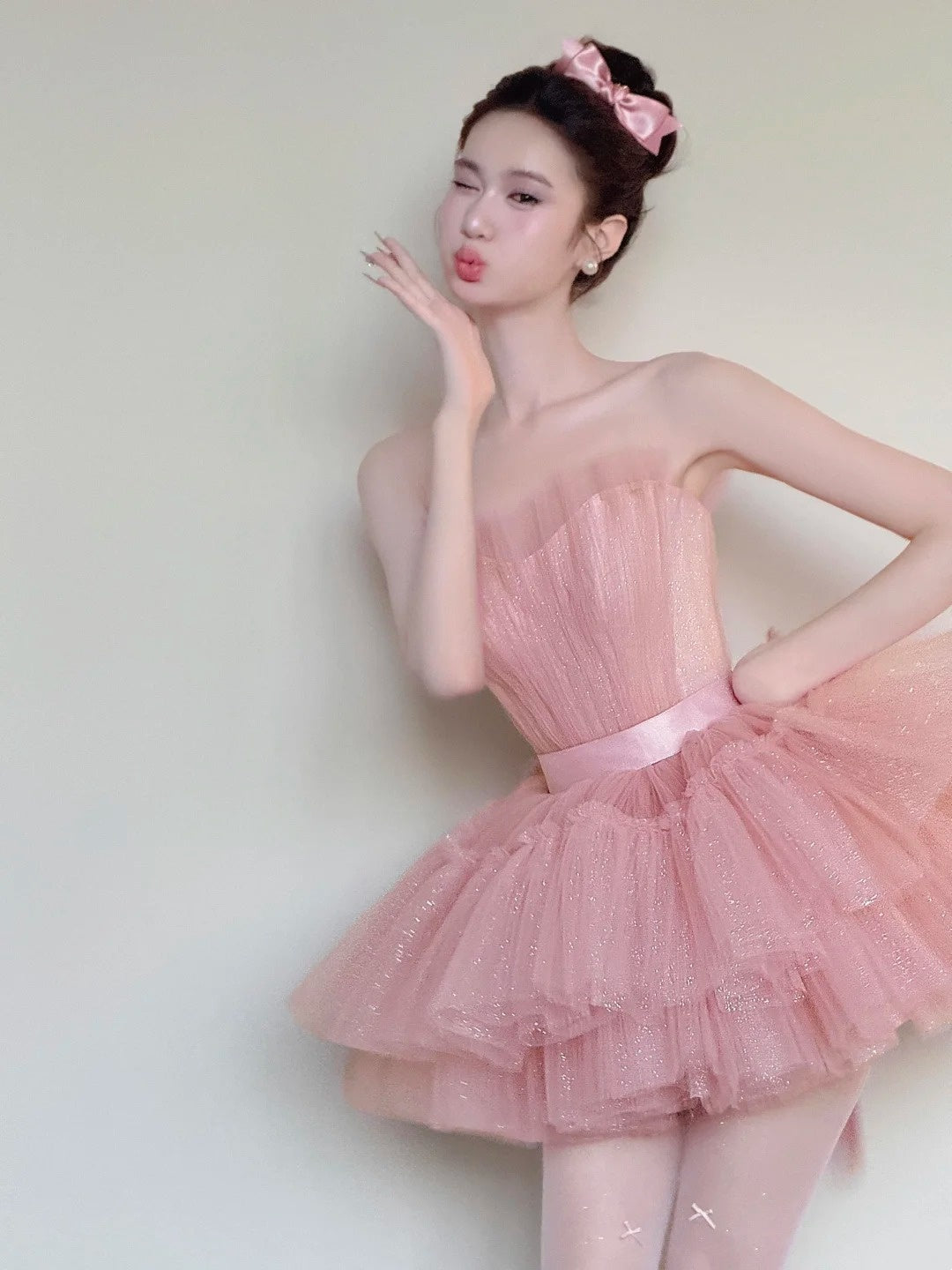 Cute Homecoming Dress Pink Strapless Tulle Pleated Short Back to School Prom Dress Birthday Outfits HZ0319