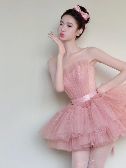 Cute Homecoming Dress Pink Strapless Tulle Pleated Short Back to School Prom Dress Birthday Outfits HZ0319