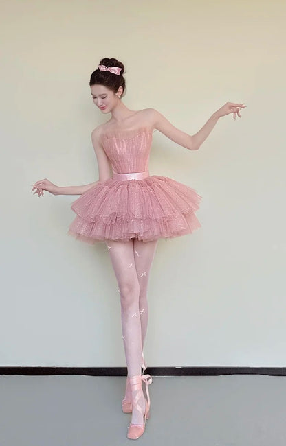 Cute Homecoming Dress Pink Strapless Tulle Pleated Short Back to School Prom Dress Birthday Outfits HZ0319