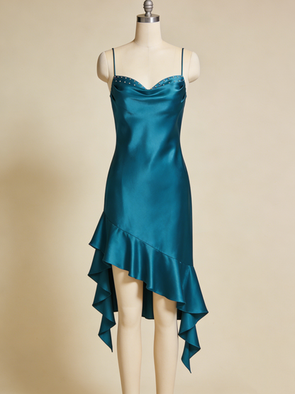 Pretty Prom Dress Satin Spaghetti Straps Ruffle Gala Dress Evening Gown Cocktail Outfits HZ0319