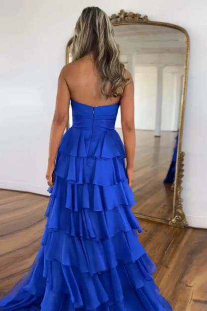 A-Line Strapless V-Neck Layered Chiffon Sleeveless Formal Prom Dress