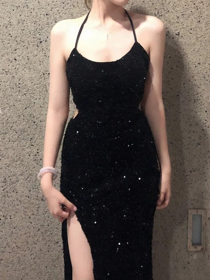 Sexy Prom Dress Black Spaghetti Straps Sequins Backless Gala Gown Evening Dress Birthday Party Outfits HZ0319