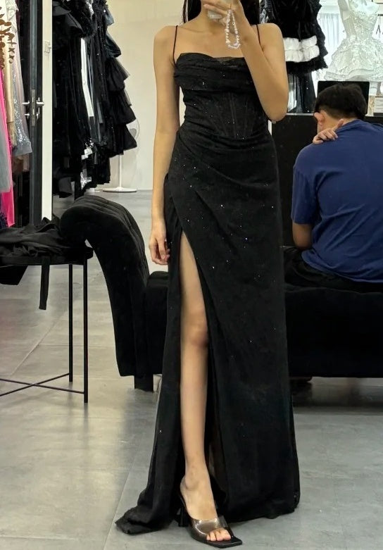 Stunning Prom Dress Black Spaghetti Straps Pleated Gala Gown Party Outfits Evening Dress HZ0319