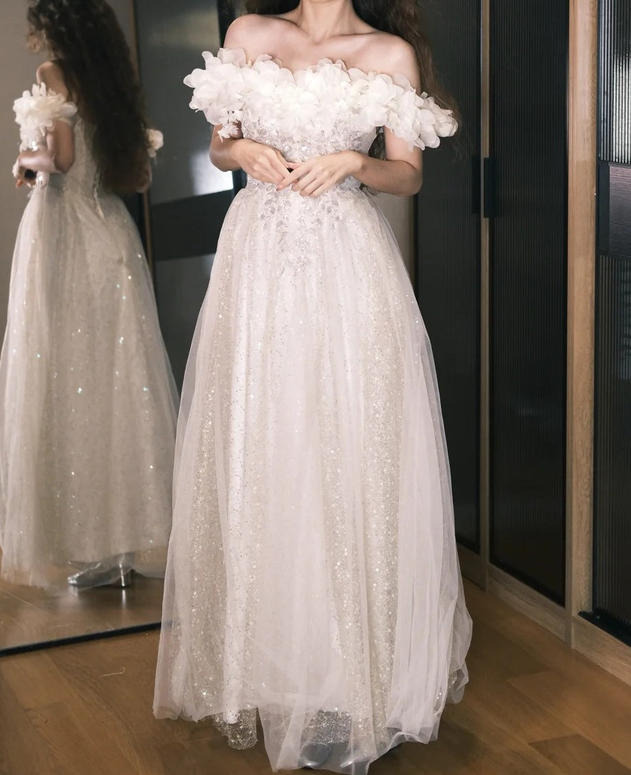 Elegant Prom Dress Off Shoulder Pleated Tulle Gala Gown Party Outfits Evening Dress HZ0319