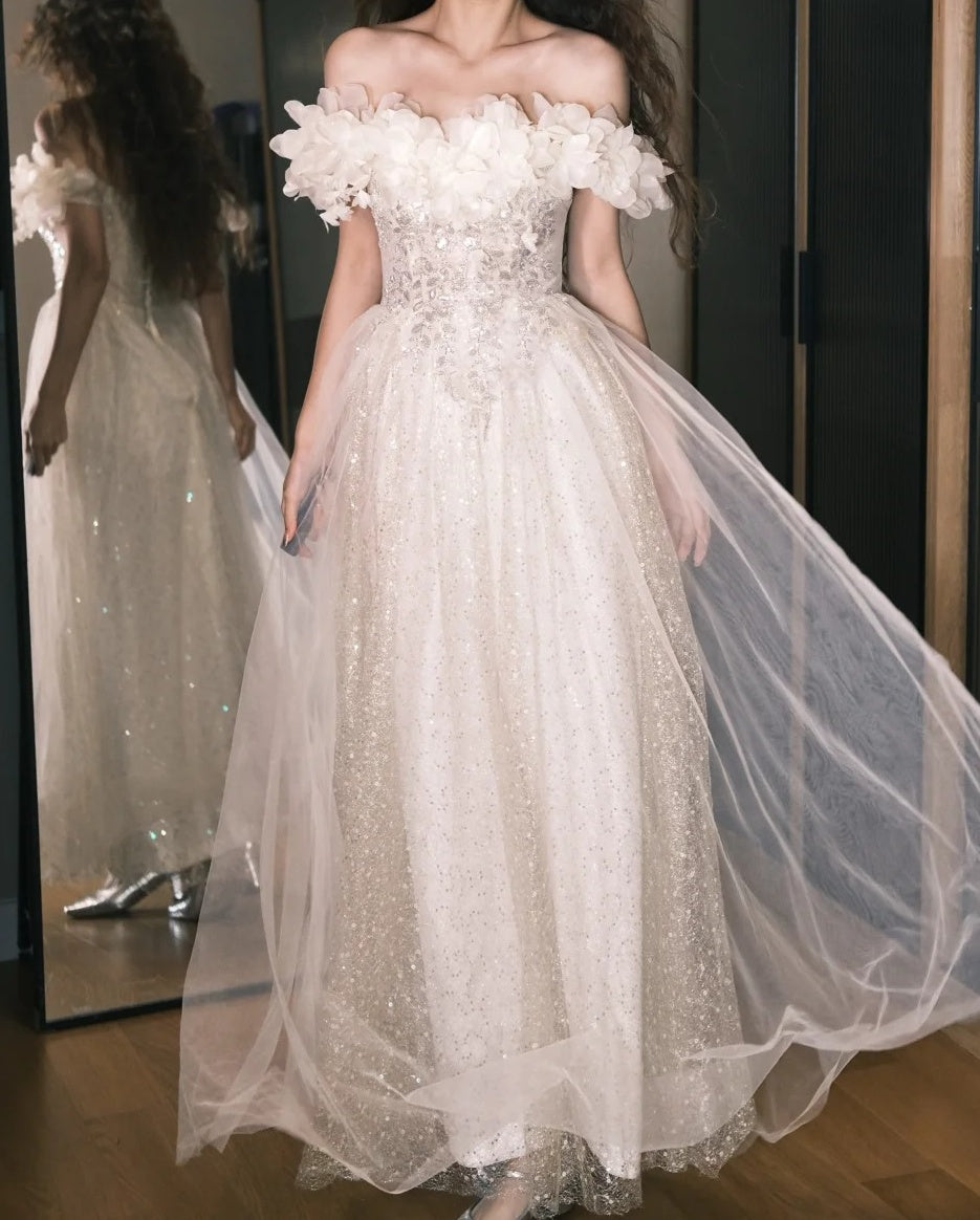 Elegant Prom Dress Off Shoulder Pleated Tulle Gala Gown Party Outfits Evening Dress HZ0319