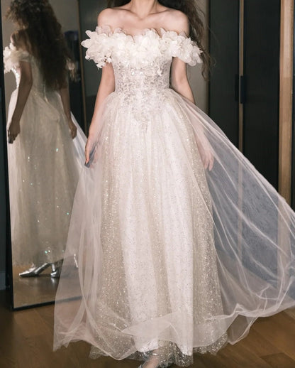 Elegant Prom Dress Off Shoulder Pleated Tulle Gala Gown Party Outfits Evening Dress HZ0319
