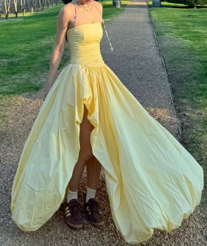 Yellow Prom Dress Strapless Pleated Slit Gala Gown Birthday Party Outfits Evening Dresses HZ0319