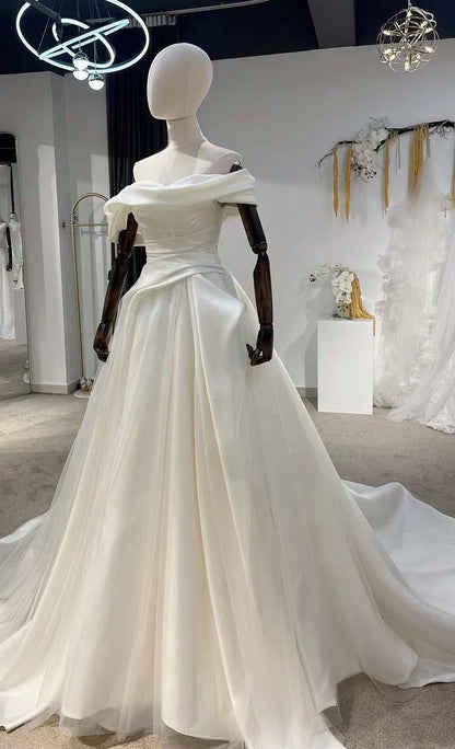 Off-the-shoulder satin corset wedding dress unique minimalist A-line bridal dress custom simple & classic Ivory ball gown