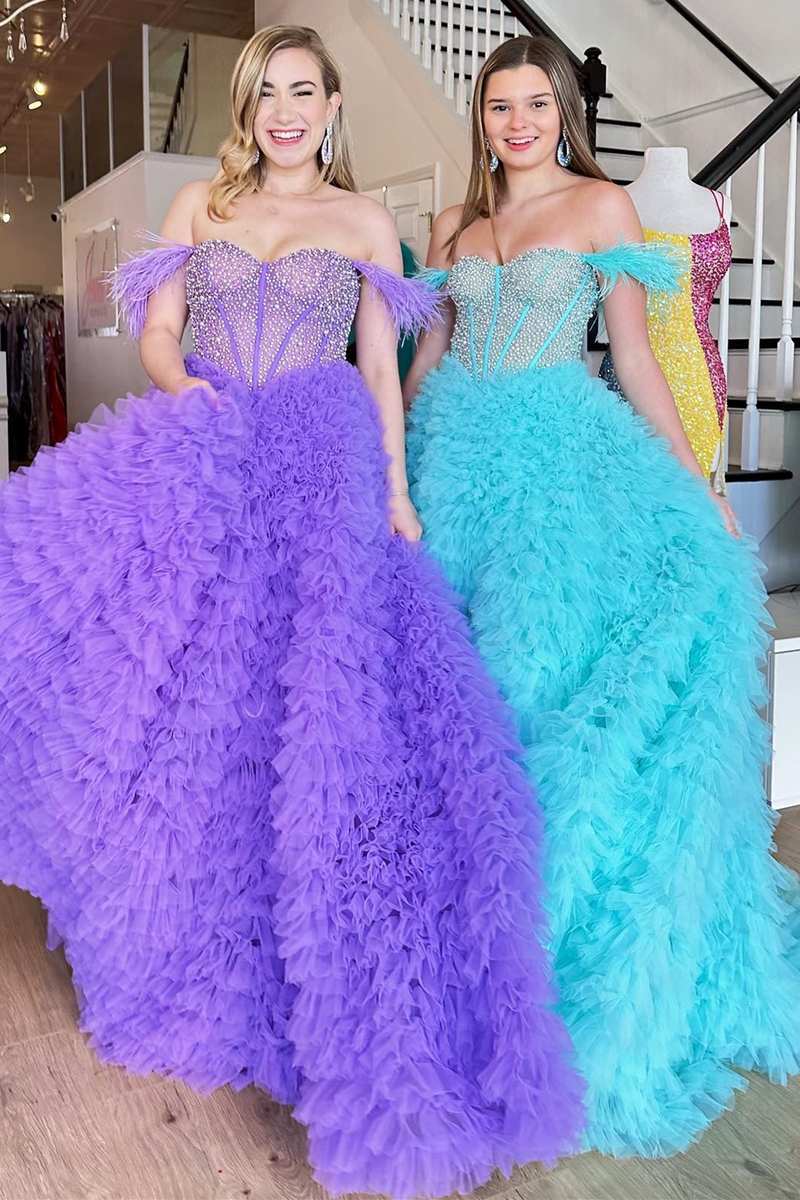 Hot Pink Beaded Feather Off-the-Shoulder Tiered Long Prom Dress with Ruffles