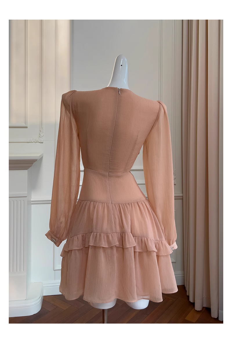 Retro Beading Design A-line Chiffon Long- sleeved V-neck Party Dresses Homecoming Dresses, HZ1024
