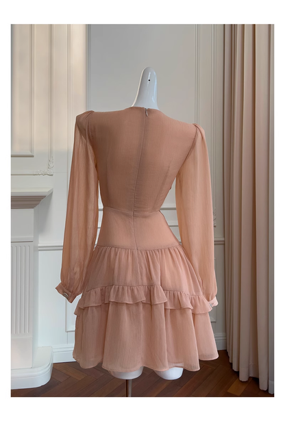 Retro Beading Design A-line Chiffon Long- sleeved V-neck Party Dresses Homecoming Dresses, HZ1024