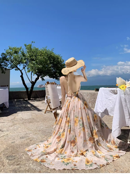 New Fashion Floral V-neck Design Elegant Beach Holiday A-line Sleeveless Halter Dress Summer HZ1024