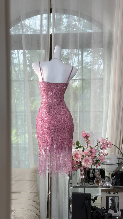 Vintage Pink Sparkling Sequin Spaghetti Strap Tassels Hem Romantic Evening Dress Prom Dresses HZ1024